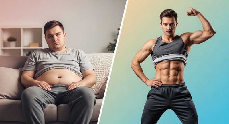 Split-screen-fitness-transformation-image-showing-before-and-after-belly-fat-loss