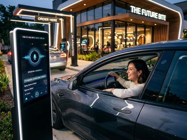 Customer-interacting-with-intelligent-drive-thru-AI-system,-digital-voice-assistant-screen