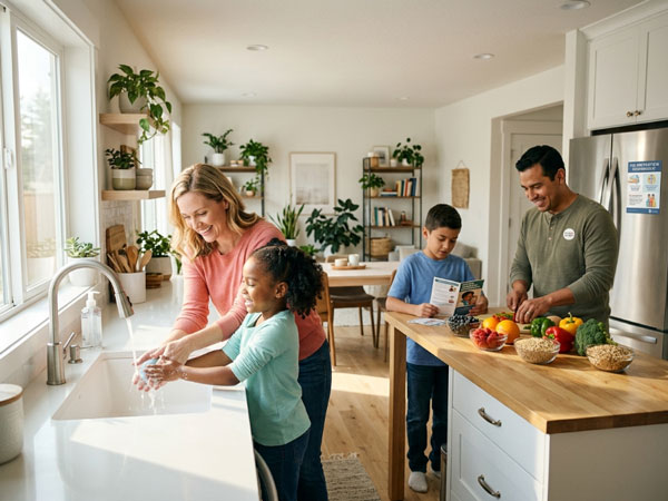 Healthy-American-family-practicing-flu-prevention,-hand-washing,-healthy-food