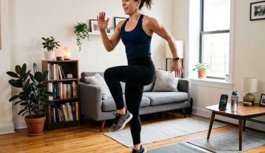 A person performs a dynamic reverse lunge exercise in a modern city apartment living room, demonstrating a no-equipment home workout for busy people.
