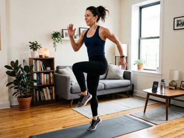 A person performs a dynamic reverse lunge exercise in a modern city apartment living room, demonstrating a no-equipment home workout for busy people.