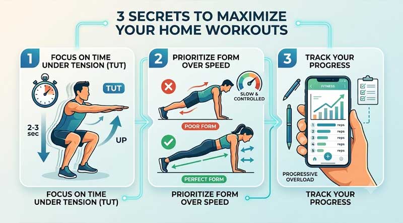 An infographic visualizing three key strategies for maximizing a 20-minute no-equipment home workout: 1. Focusing on Time Under Tension (slow controlled movements), 2. Prioritizing correct form over high speed, and 3. Tracking rep progress for progressive overload.