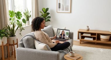 A person sitting comfortably on a couch with a laptop open, engaging in a smiling, supportive video call with an online therapist.