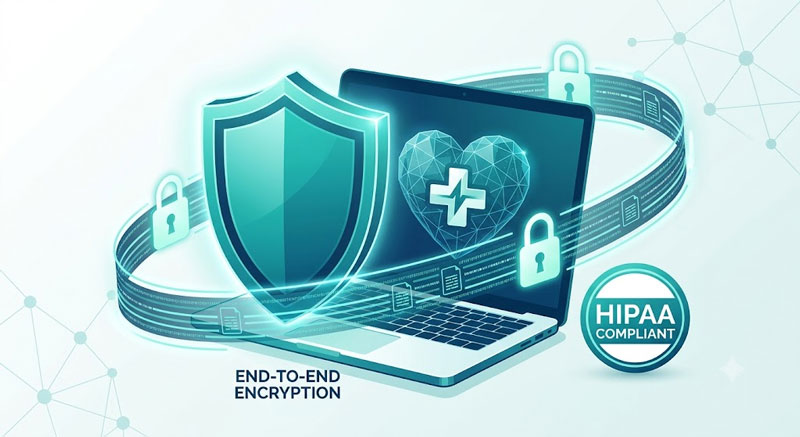 A conceptual digital illustration representing end-to-end encryption and medical data privacy for online counseling platforms.