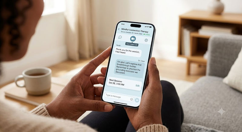 A hand holding a smartphone showing a secure, clean user interface of a mental health platform chat window with a therapist.