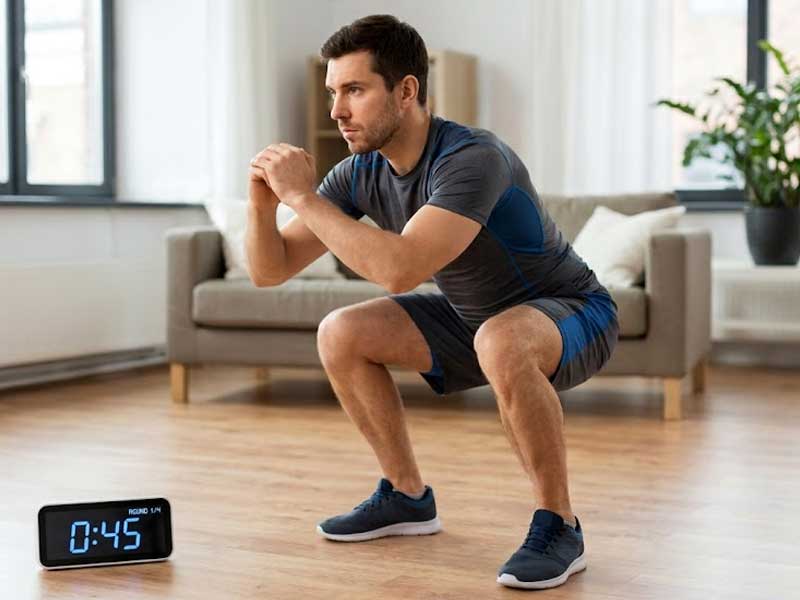A determined man performs a deep, proper form air squat in his living room, focusing on glute and leg activation during a 20-minute home workout.