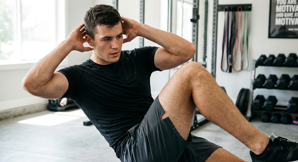 A man doing a standing bicycle crunch exercise, demonstrating correct form for twisting the core