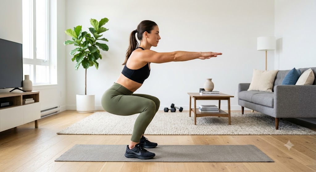 Fitness instructor demonstrating proper bodyweight squat form with neutral spine and parallel thigh depth