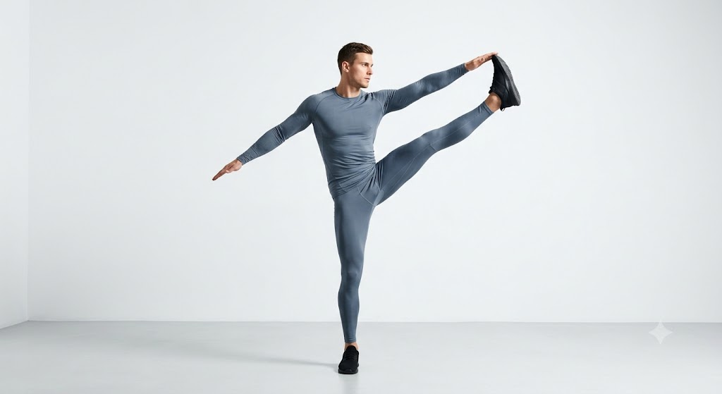 Full-body view of a man performing a standing straight leg toe touch exercise, targeting lower abs and flexibility