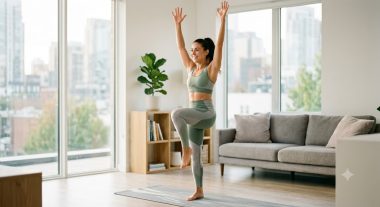 A woman doing a quiet high-knee drive cardio exercise in a bright apartment living room without shoes.