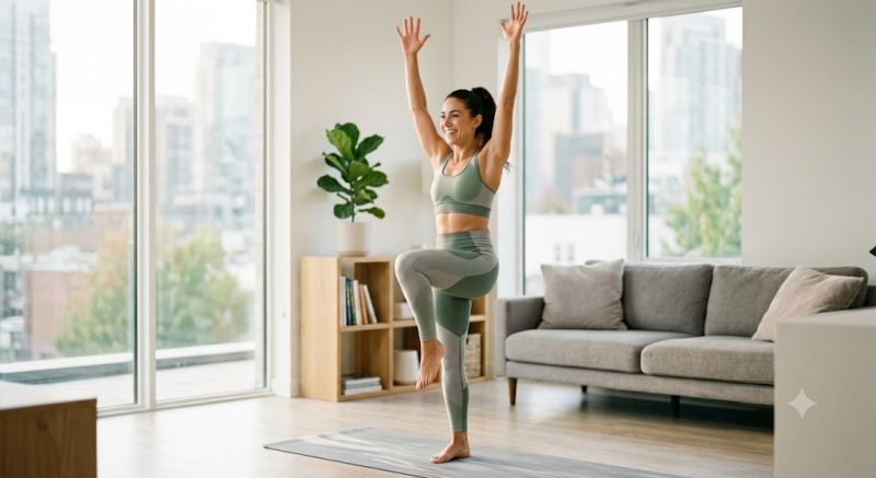 A woman doing a quiet high-knee drive cardio exercise in a bright apartment living room without shoes.