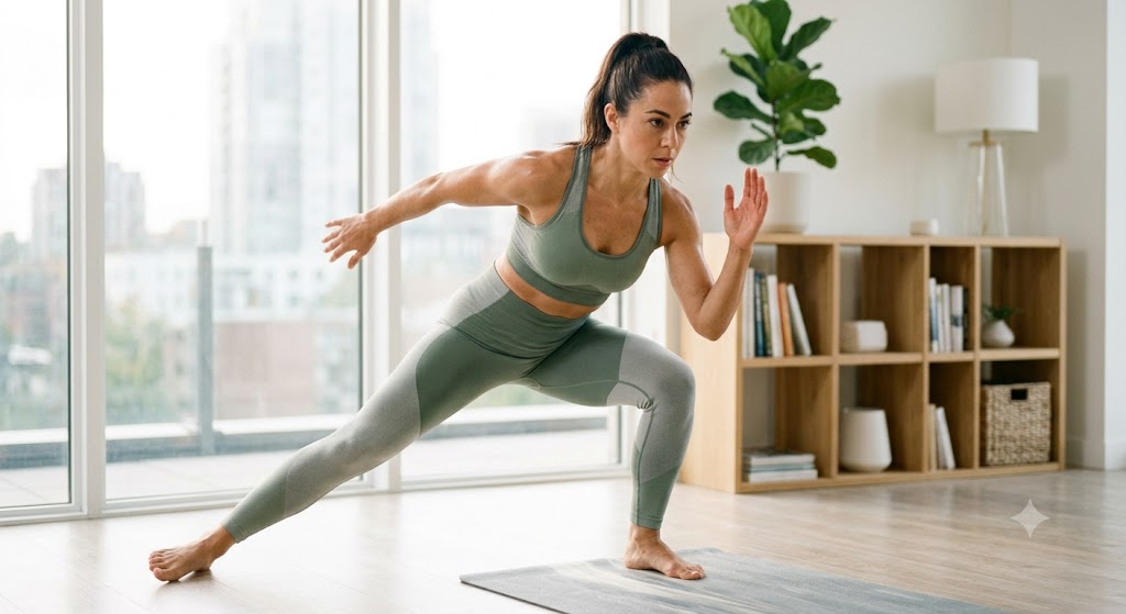 Medium shot of a woman performing quiet speed skater taps exercise on a mat in a modern apartment