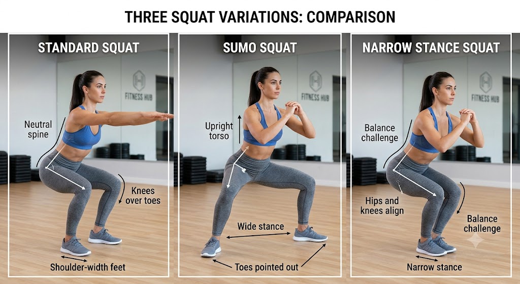 Side by side visual comparison of standard squat, sumo squat, and narrow stance squat variations